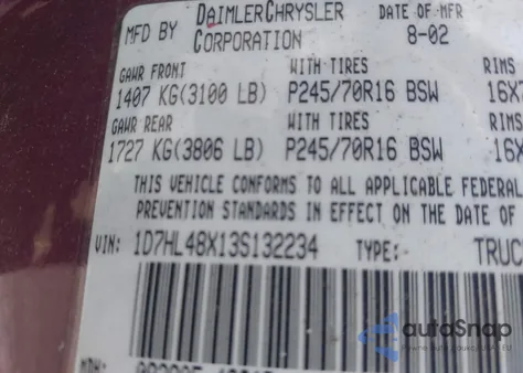 2003 Dodge Dakota Slt z USA, uszkodzony, nr VIN 1D7HL48X13S132234